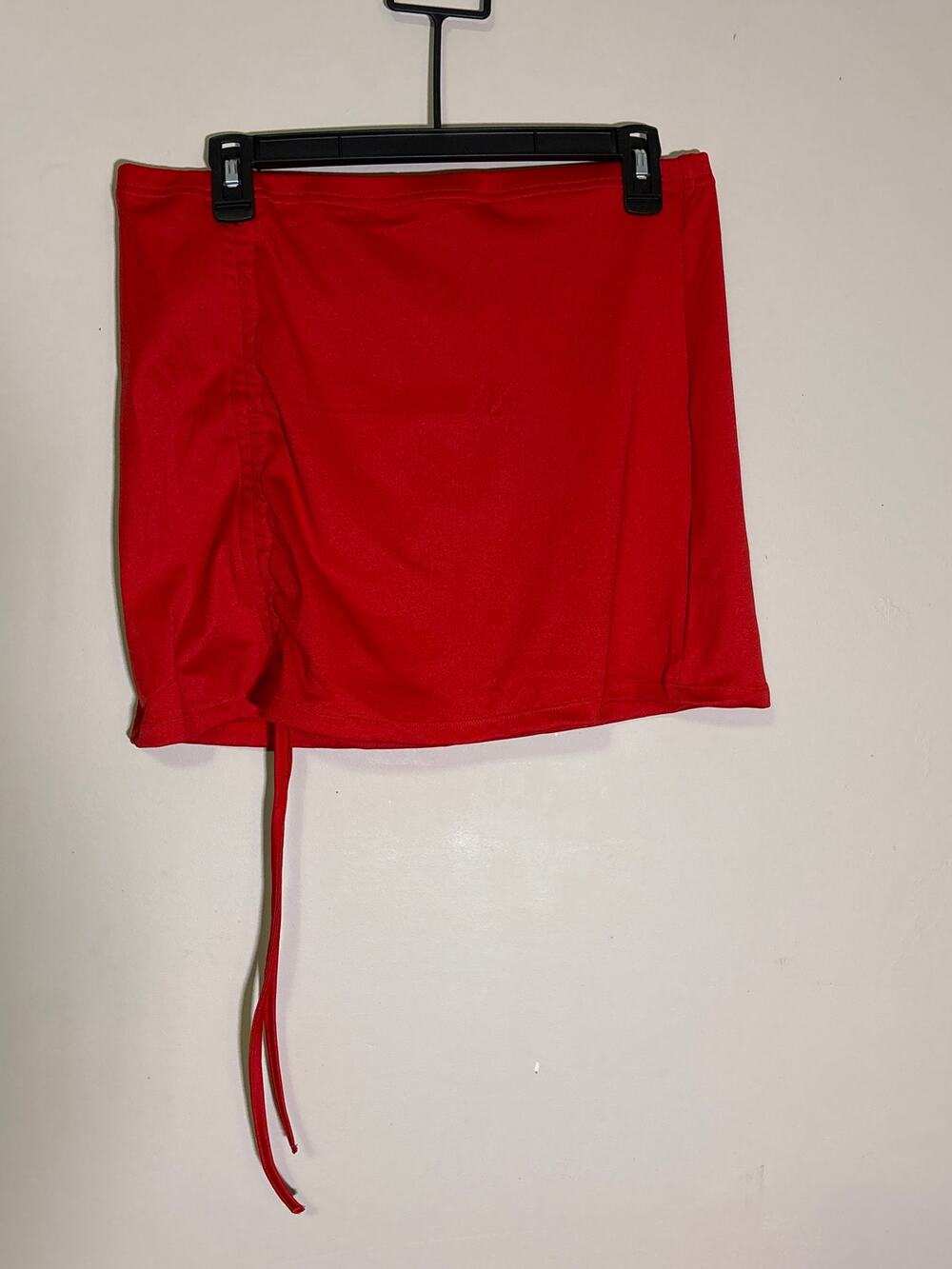 red ruched bodycon hot red mini skirt featuring an adjustable side drawstring